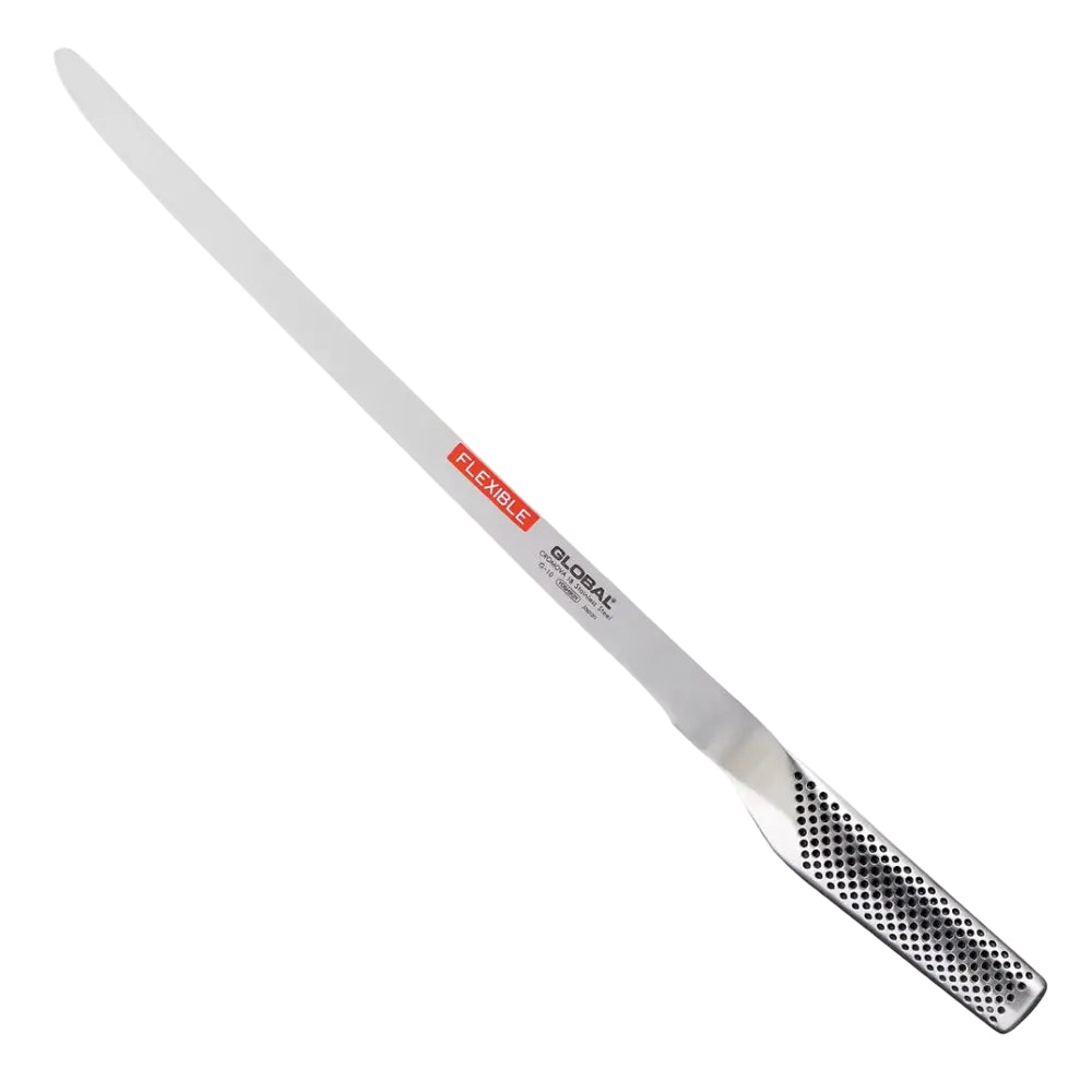 Meat, ham and fish slicing knife with global logo on blade