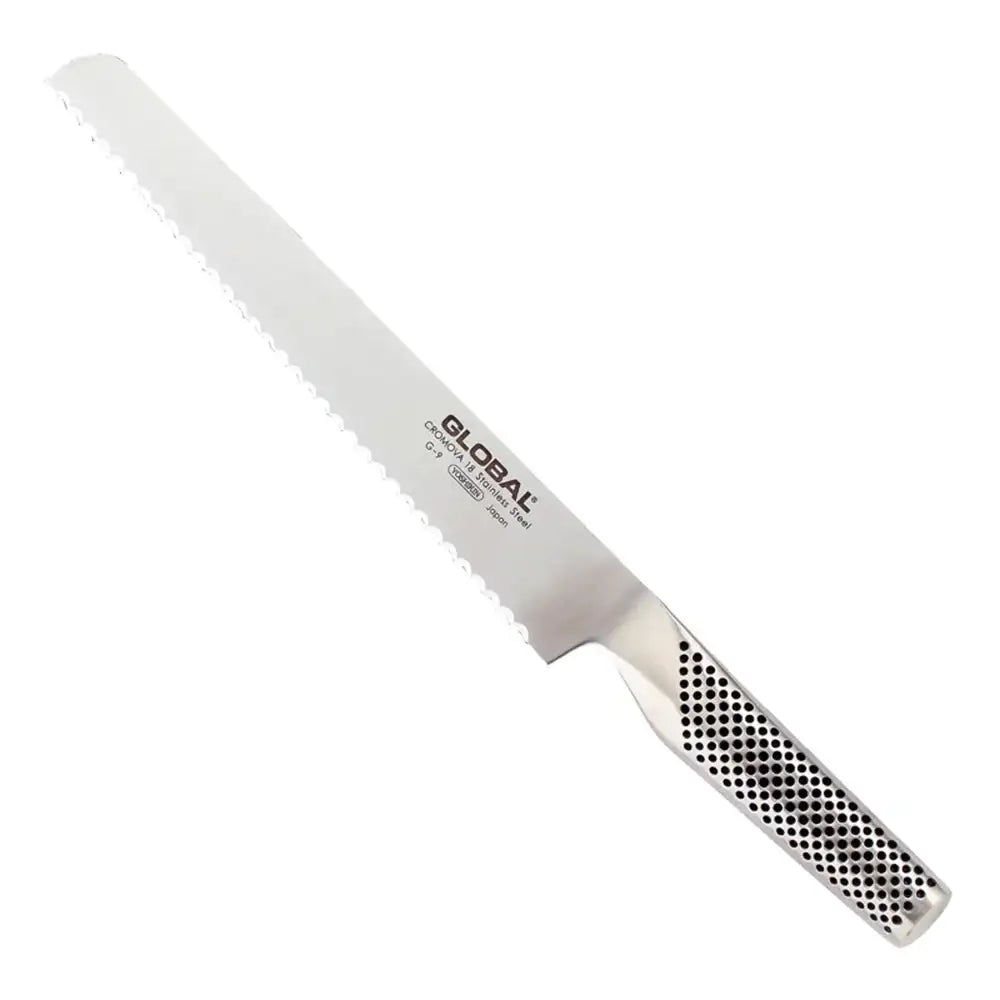 Serrated bread knife with 'Global' branding on a white background