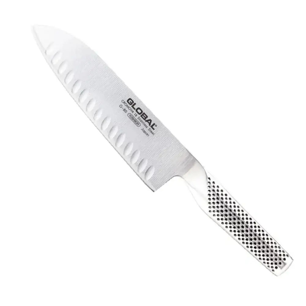 White kitchen knife with a textured handle on a white background, featuring the Global brand.