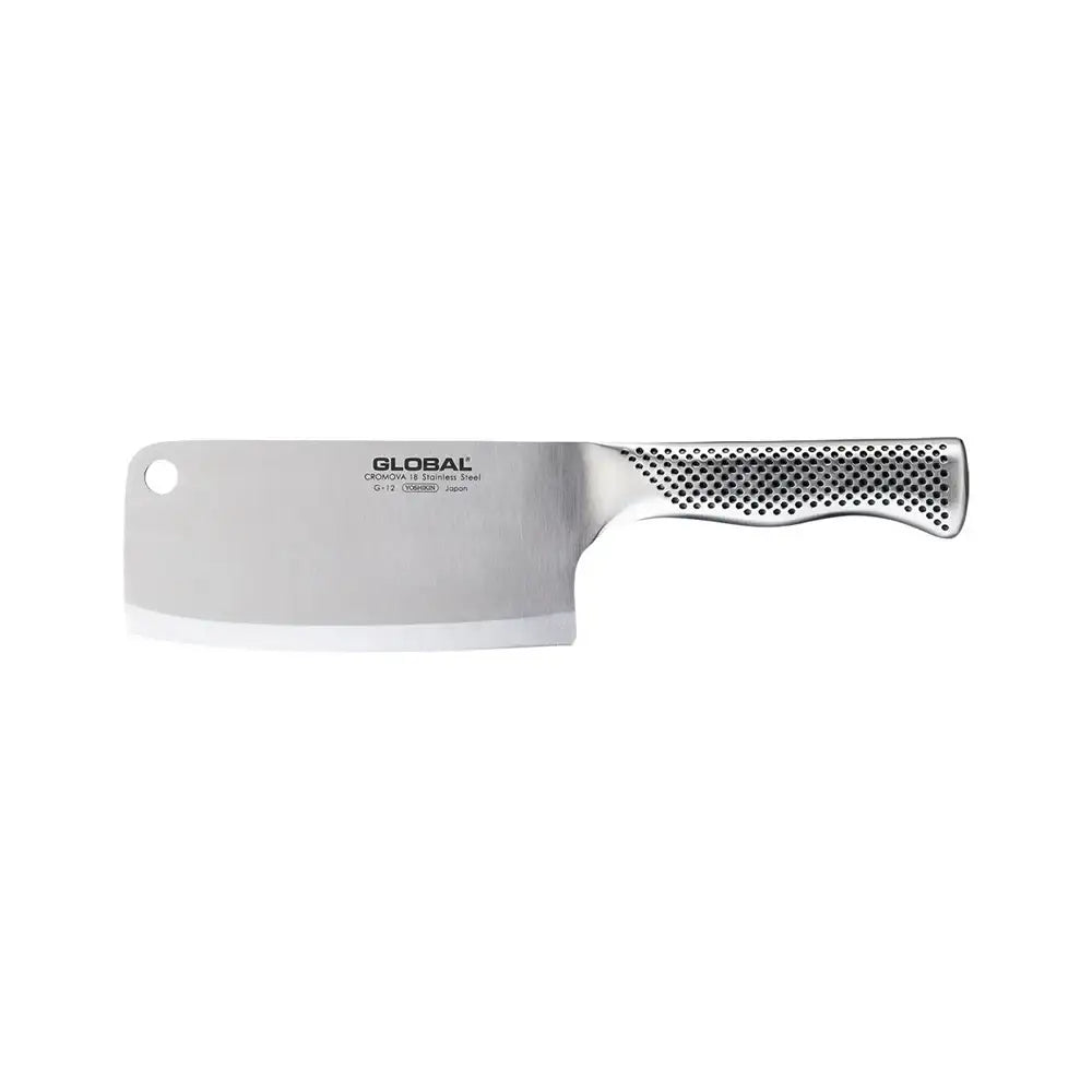 Meat cleaver with 'GLOBAL' branding on a white background