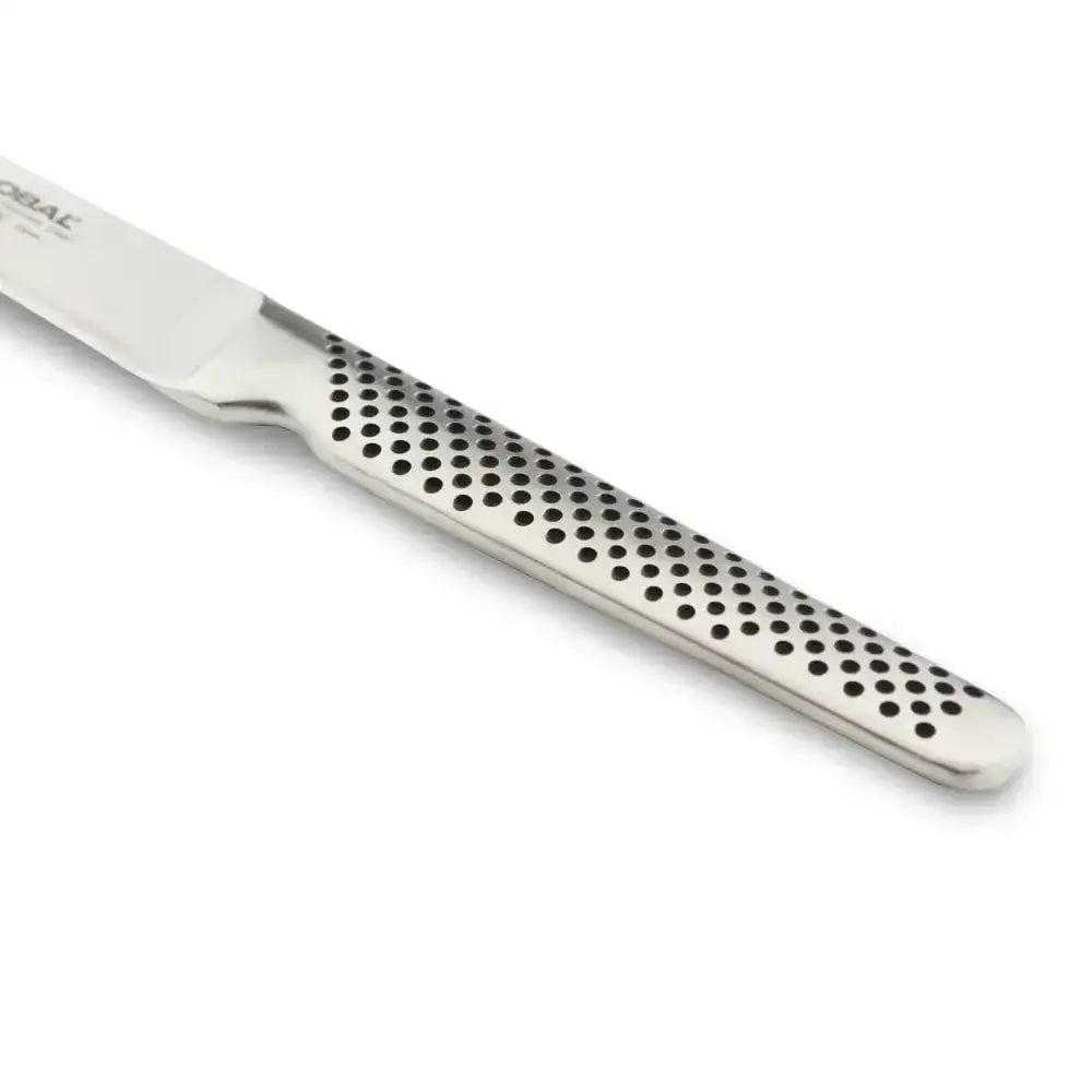 Stainless steel knife with a textured handle on a white background