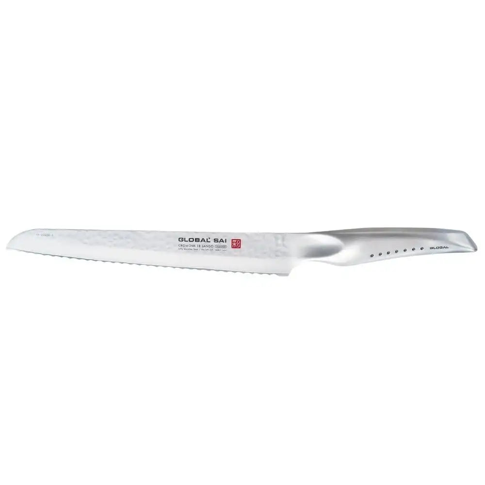 Serrated bread knife with 'Global' branding on a white background