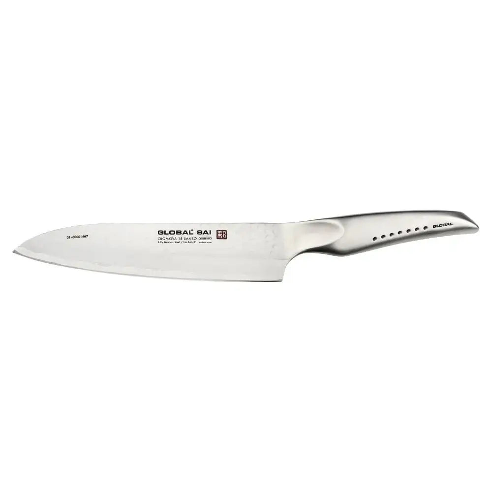 Metallic knife with a textured handle on a white background