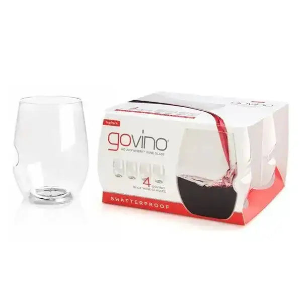 govino shatterproof wine glass with packaging on a white background
