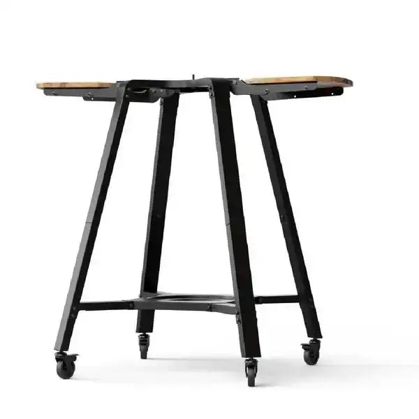 Gozney Arc XL pizza oven stand with black metal frame and wooden side shelves, on wheels