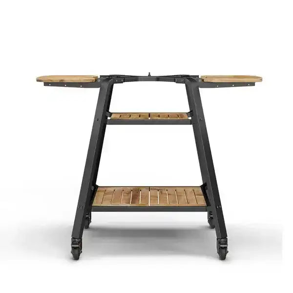 Gozney Dome outdoor pizza stand with wood shelves, steel frame, and rolling wheels from Cookin Stores