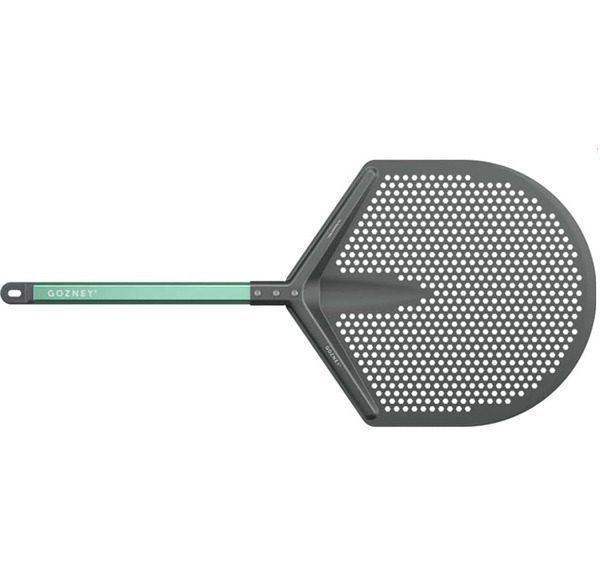 Gozney perforated pizza peel with green handle, premium kitchenware at Cookin Stores