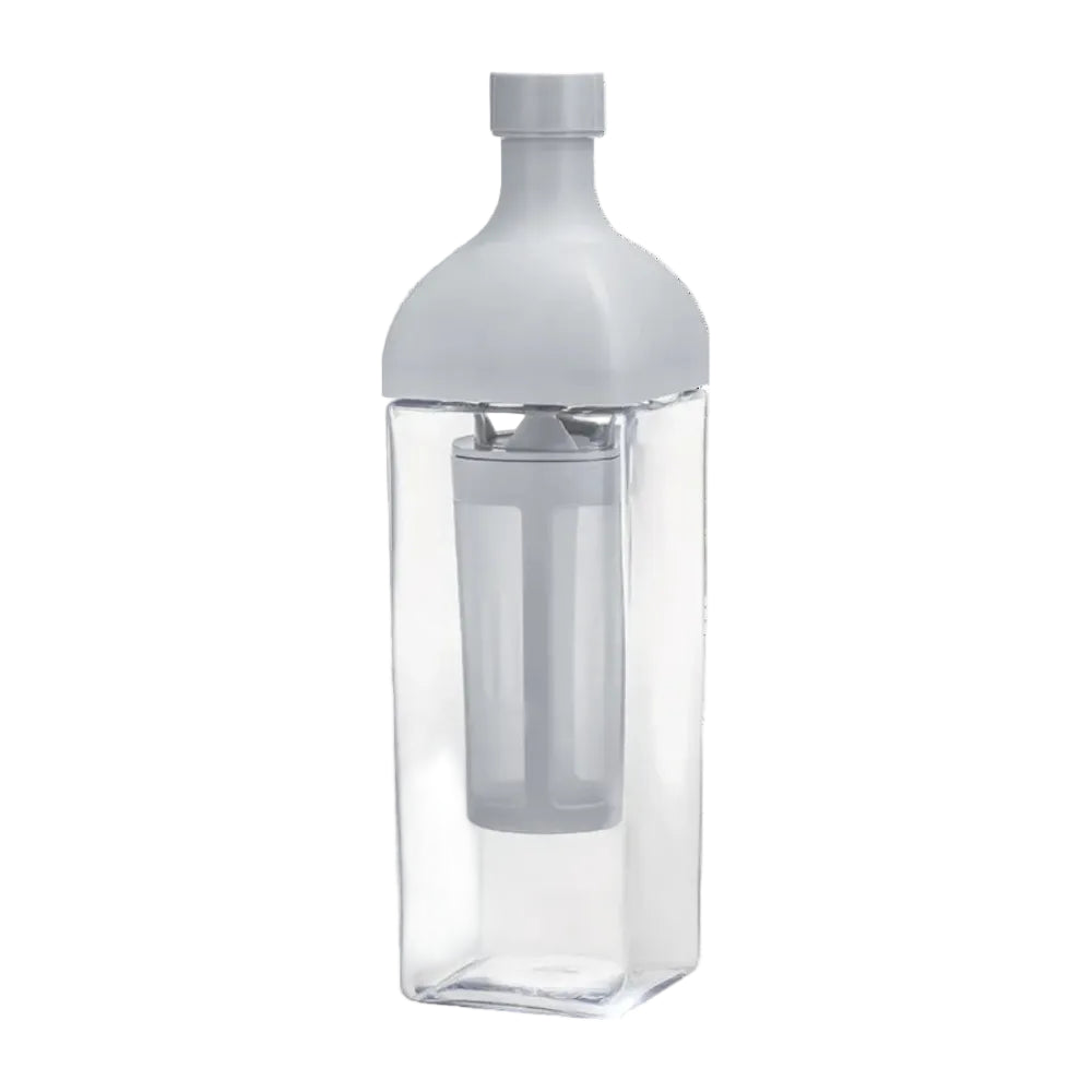 A clear cold brew coffee maker with a light gray plastic cap and an integrated gray filter cylinder inside, shown on a plain white background.