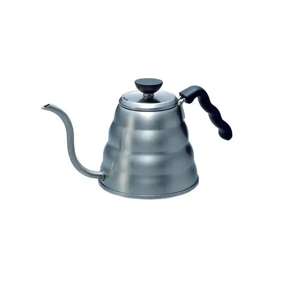 Stainless steel gooseneck kettle on a white background
