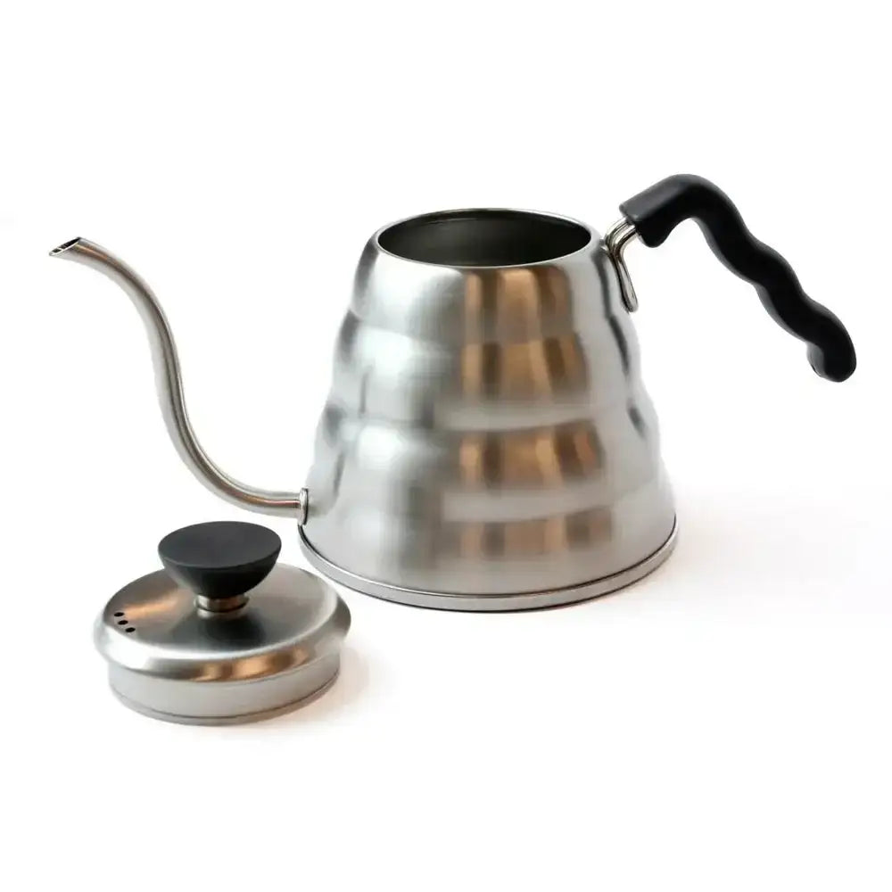 Stainless steel gooseneck kettle with black handle on a white background