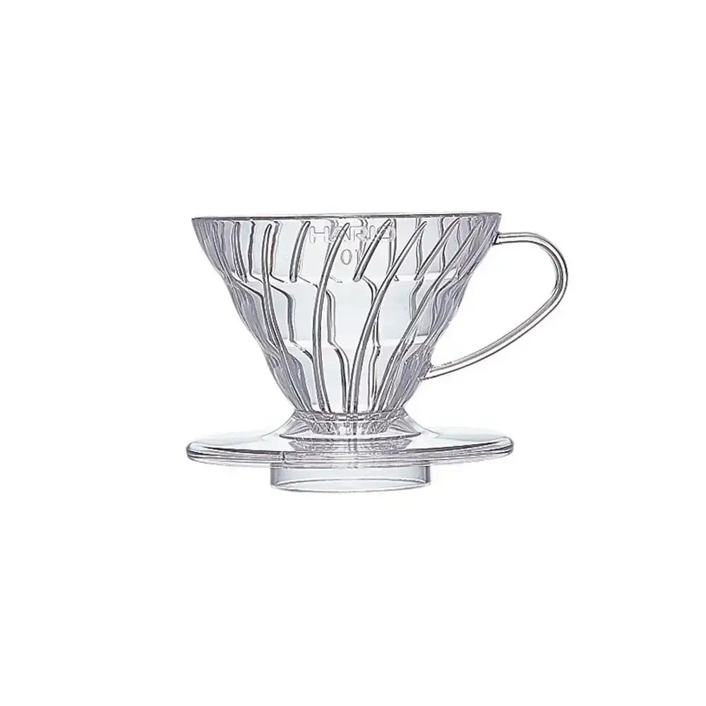 Clear plastic coffee dripper on a white background