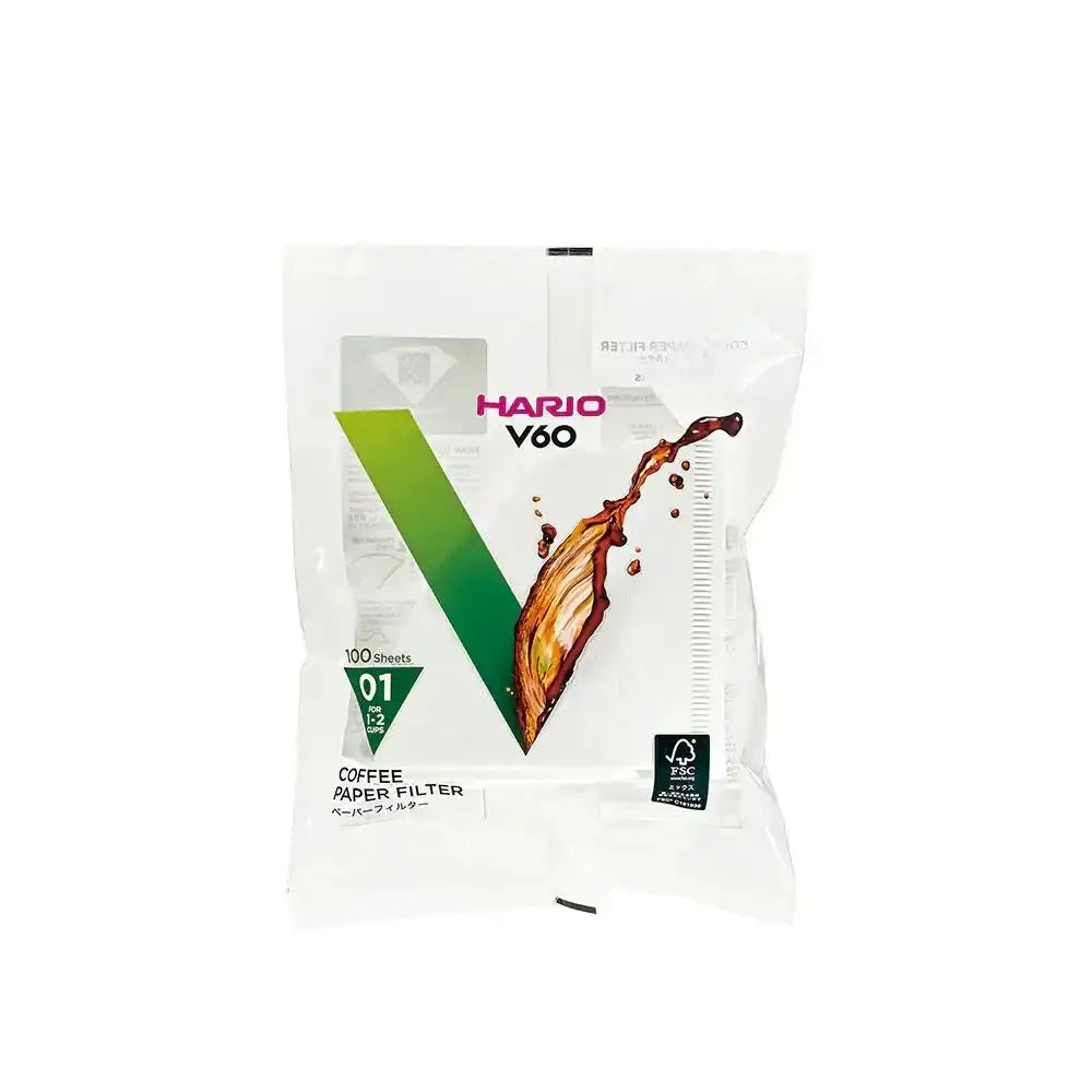 Hario V60 coffee paper filter package on a white background
