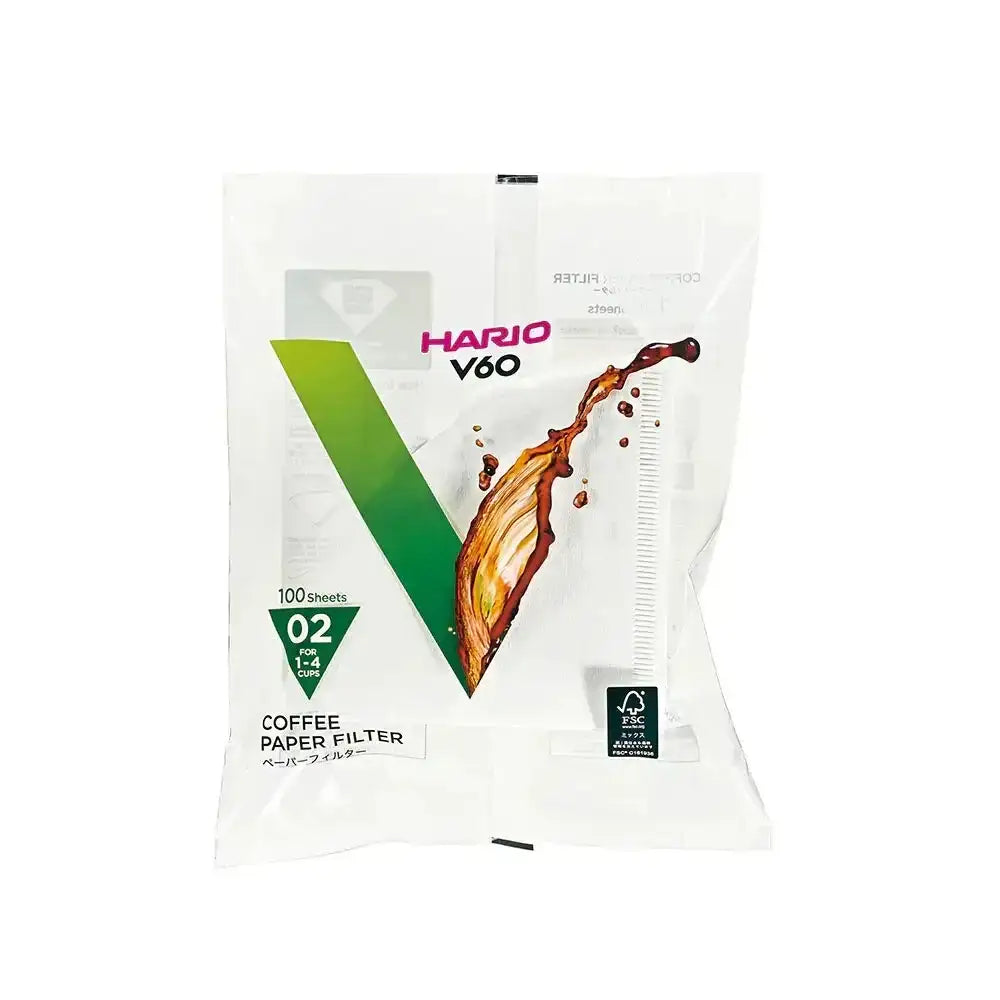 Hario V60 coffee paper filter package on a white background