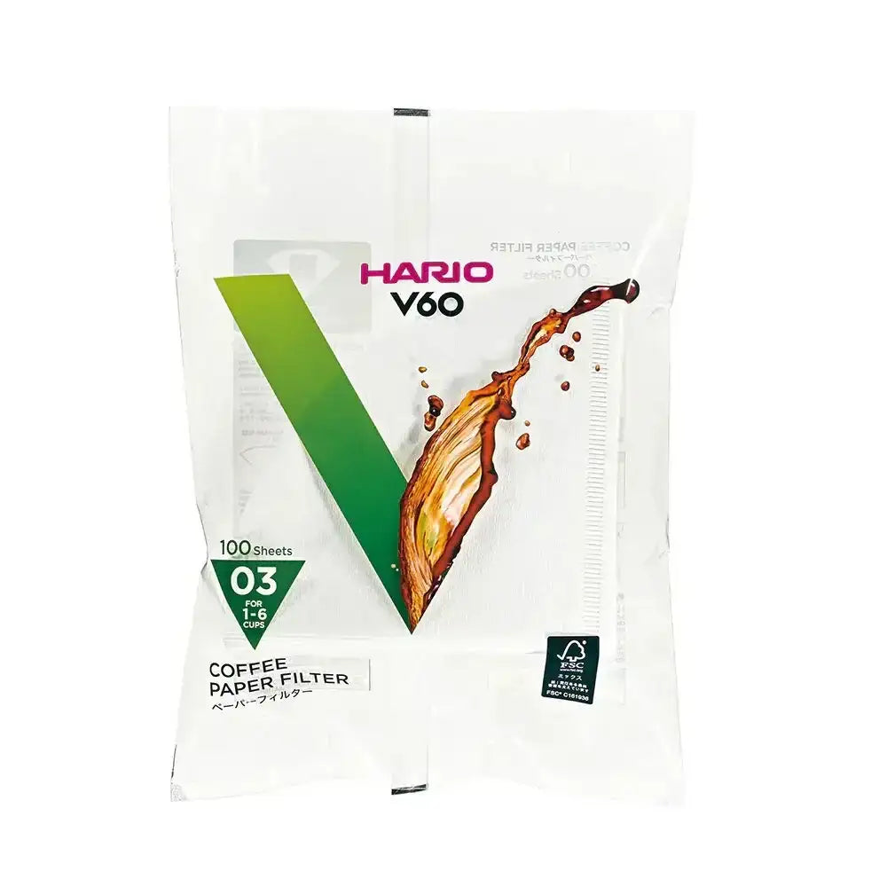 Hario V60 coffee paper filter package with a splash graphic on a white background