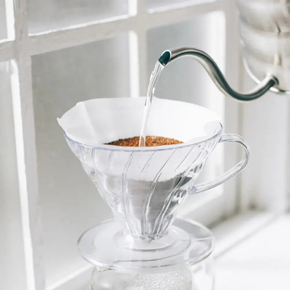 Clear glass coffee dripper with a white filter and coffee grounds, being filled with water.