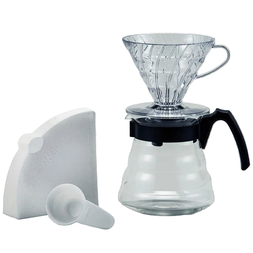 Hario coffee pour over set on a white background