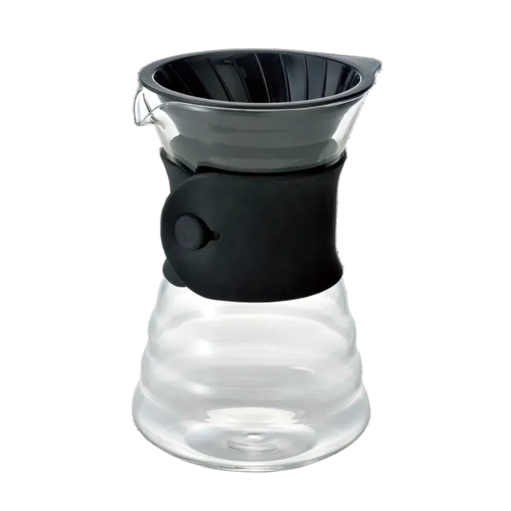 A pour-over coffee maker with a clear glass carafe, a black silicone sleeve, and a dark gray conical filter cone on top, shown against a plain white background.