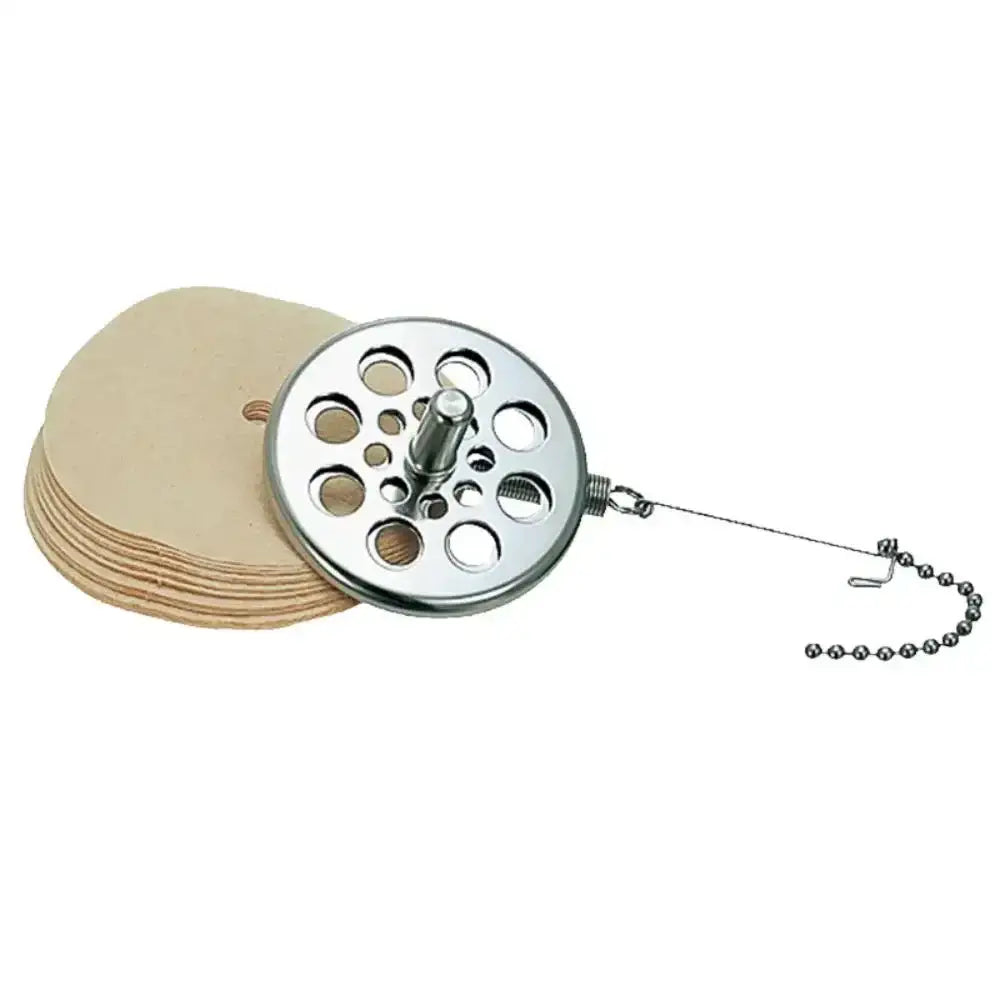 Metallic reel with sandpaper discs on a white background