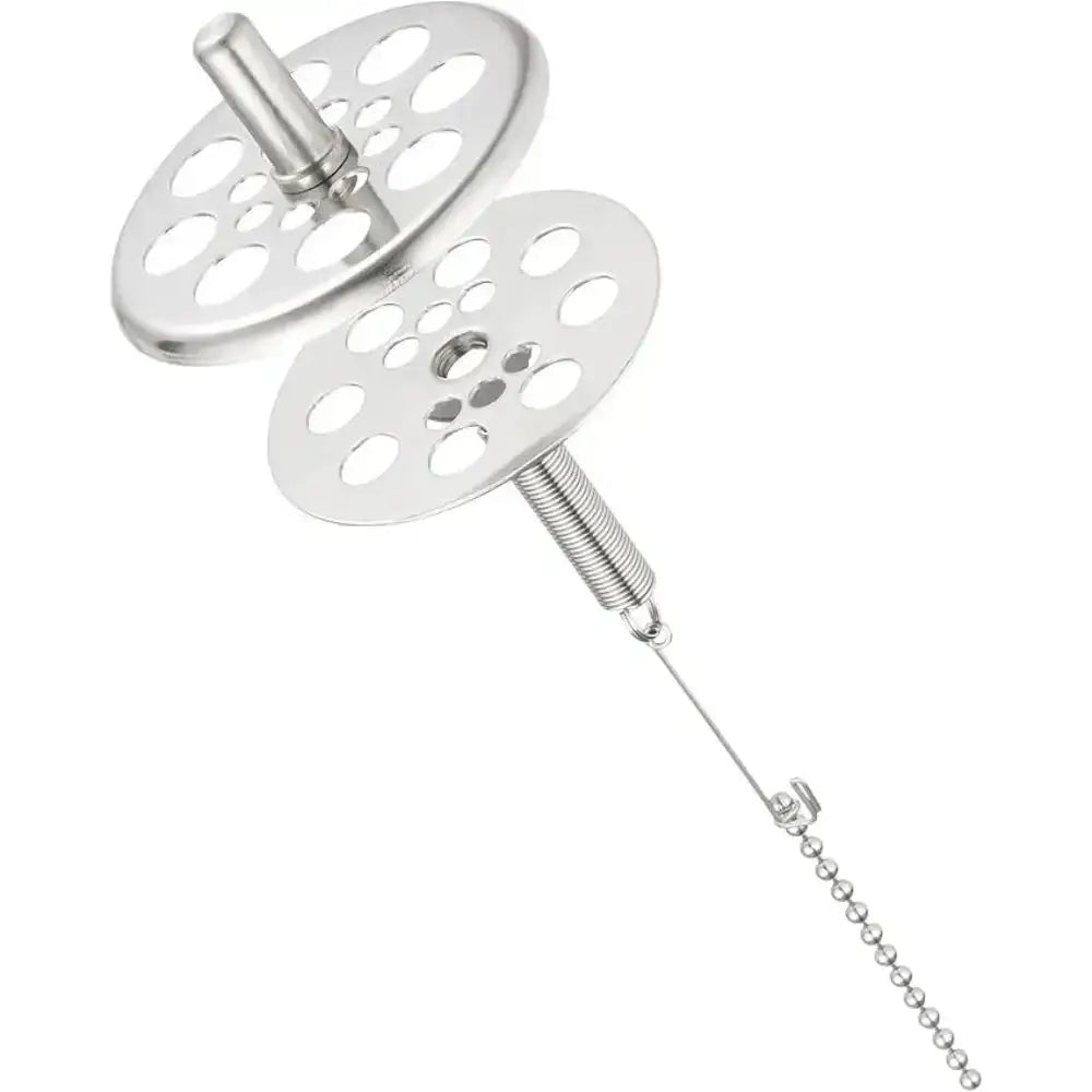 Metallic kitchen tool with two circular components and a spring on a white background