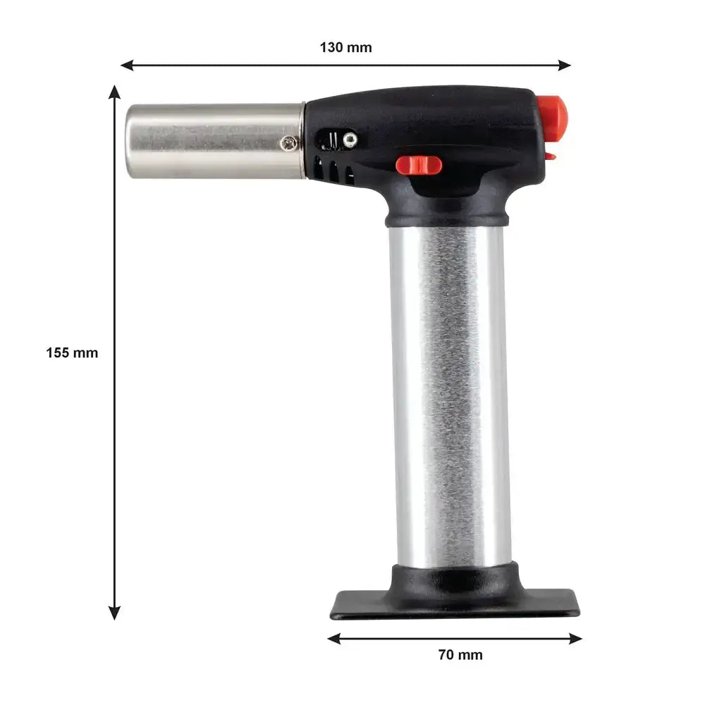 Butane torch with dimensions labeled on a white background