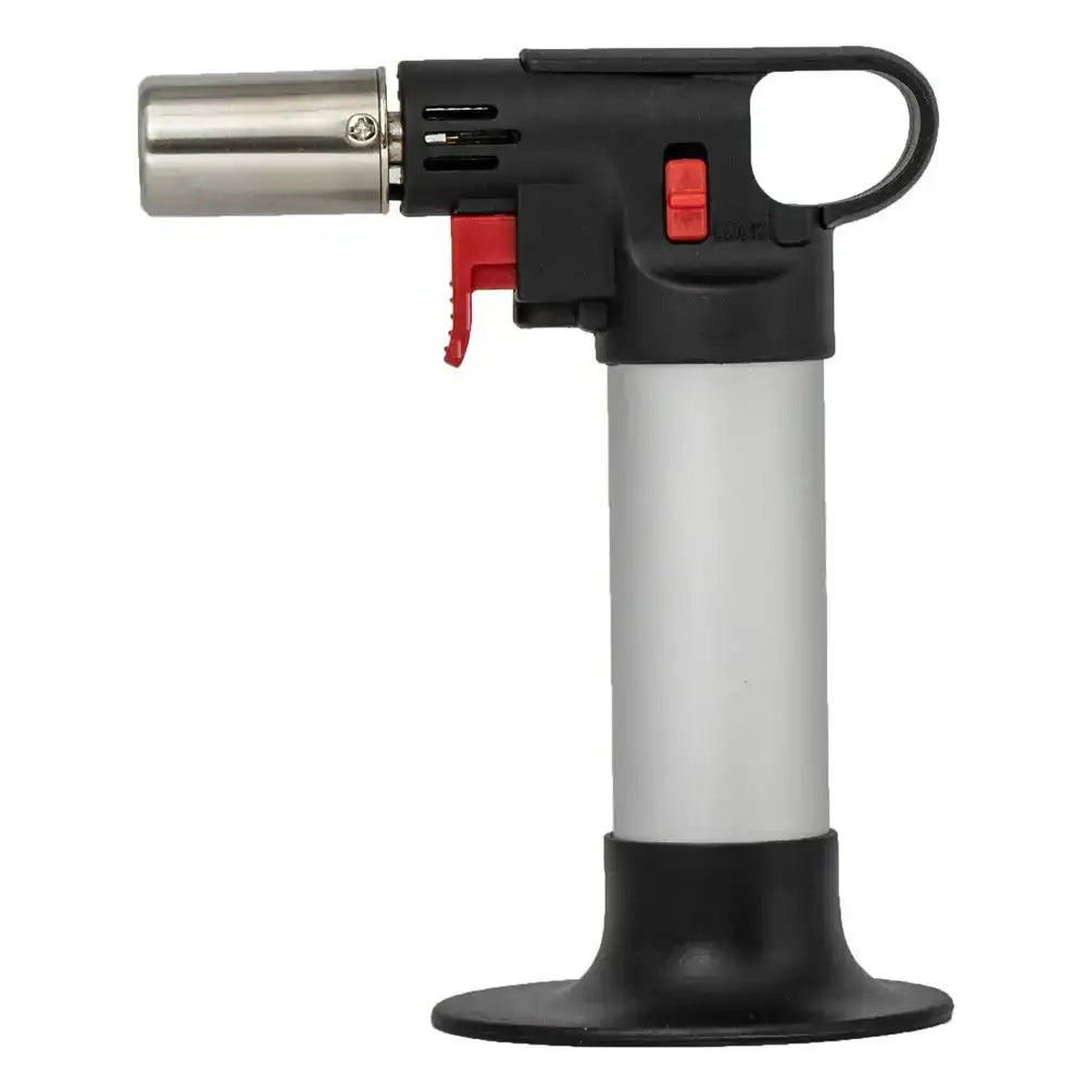 Butane torch with black and red design on a white background