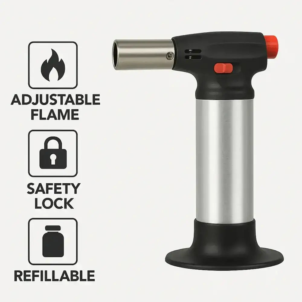 Butane torch with features labeled on a white background