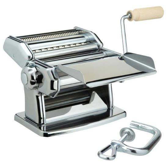 Metal pasta maker with wooden handle on a white background