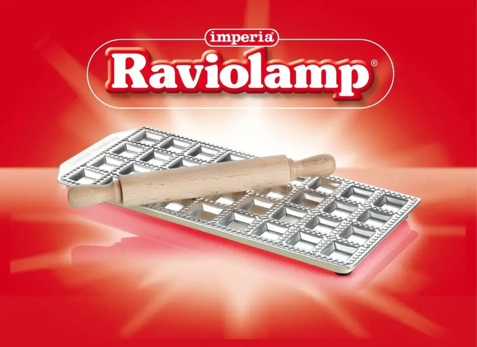 Raviolamp with a wooden rolling pin on a red background, featuring the Imperia brand.