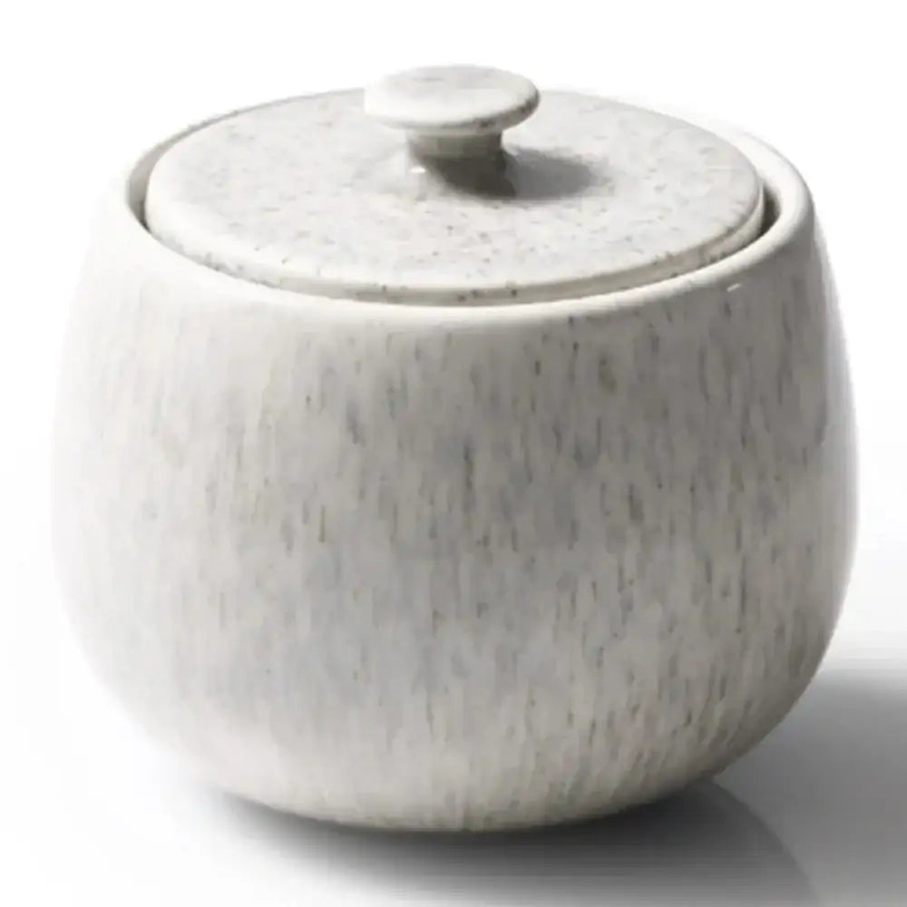 Grey ceramic jar with lid on a white background