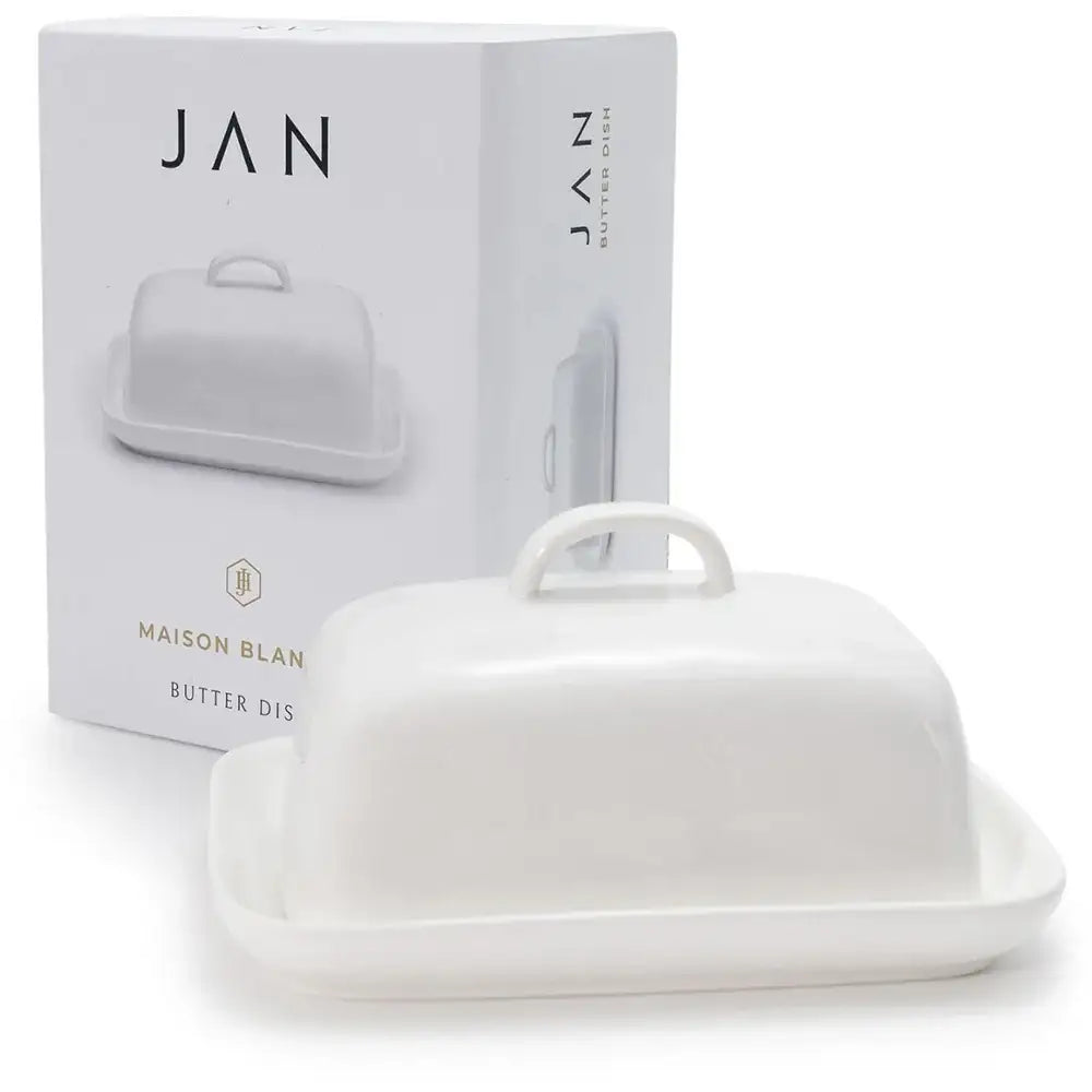 White butter dish with a matching packaging box featuring the brand 'JAN'.