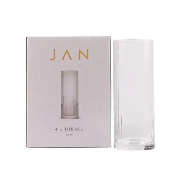 Clear hi ballglass with packaging displaying 'JAN' branding on a white background