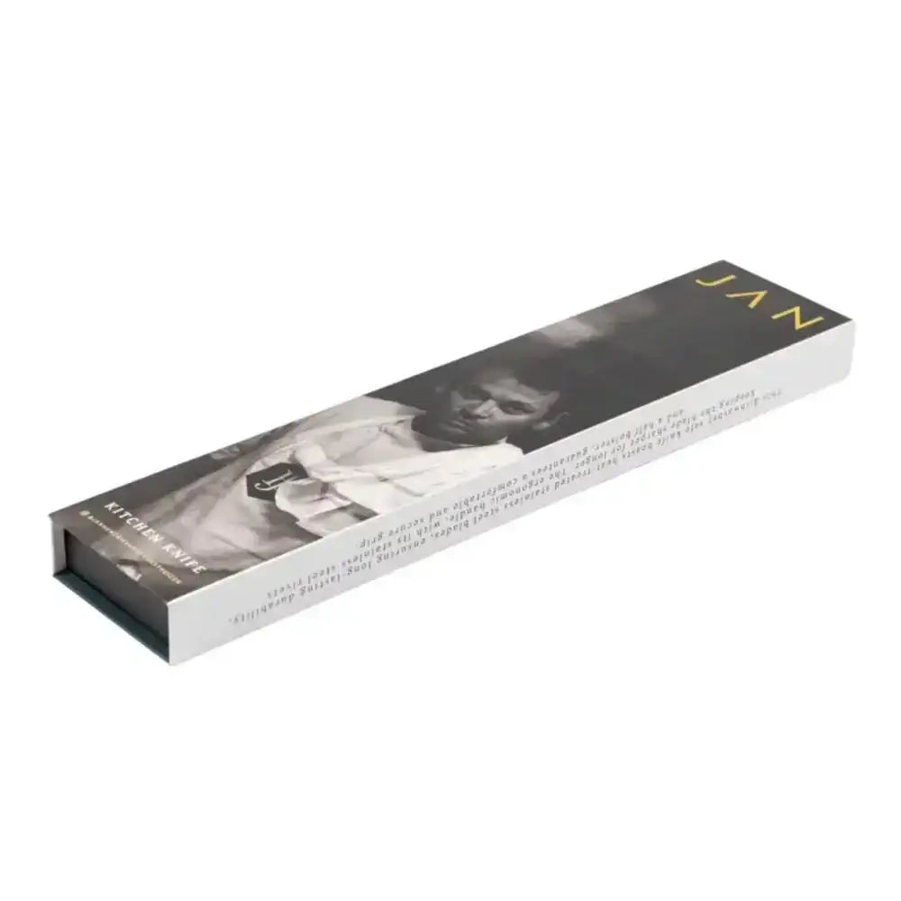 Magnetic Knife box with a black and white cover featuring a person, on a white background
