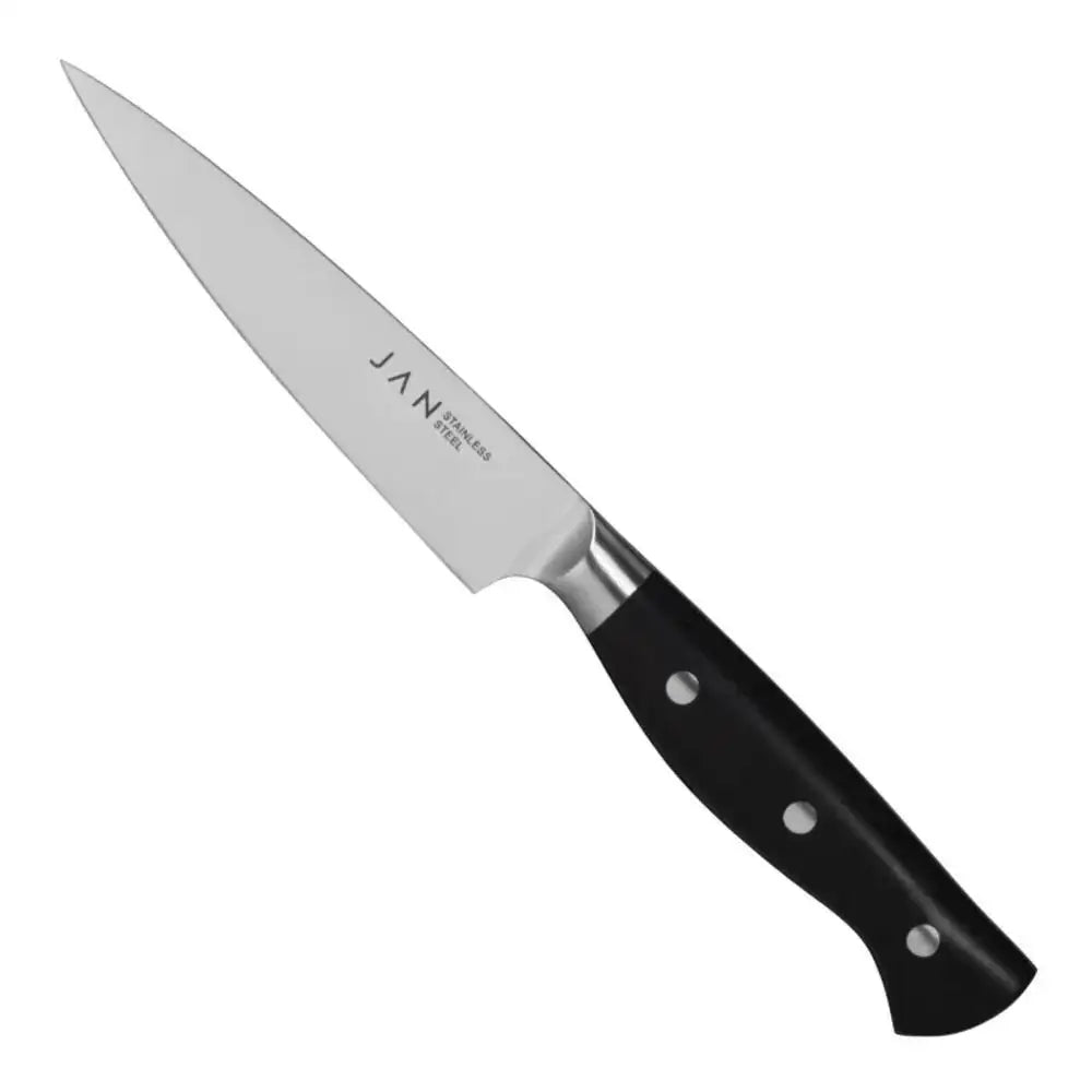 Paring knife with black handle and silver blade on a white background