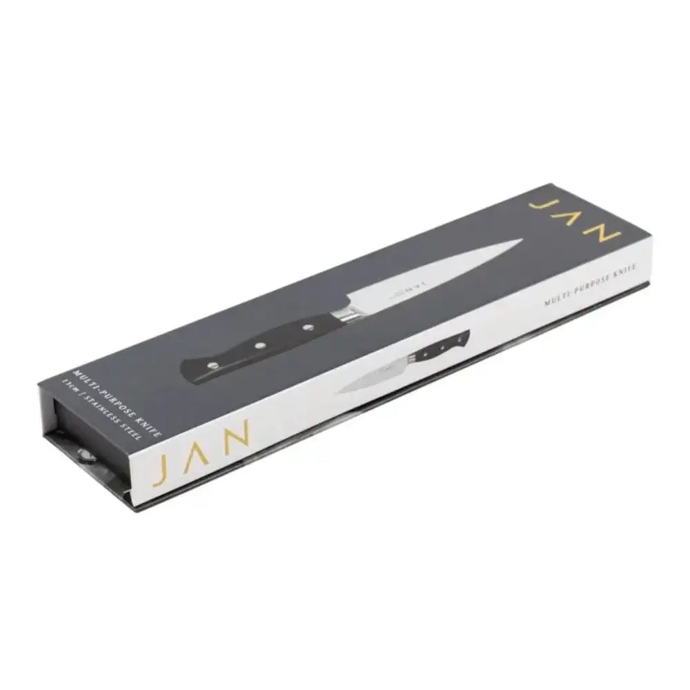 Fork in a black and gold box with 'JAN' branding on a white background