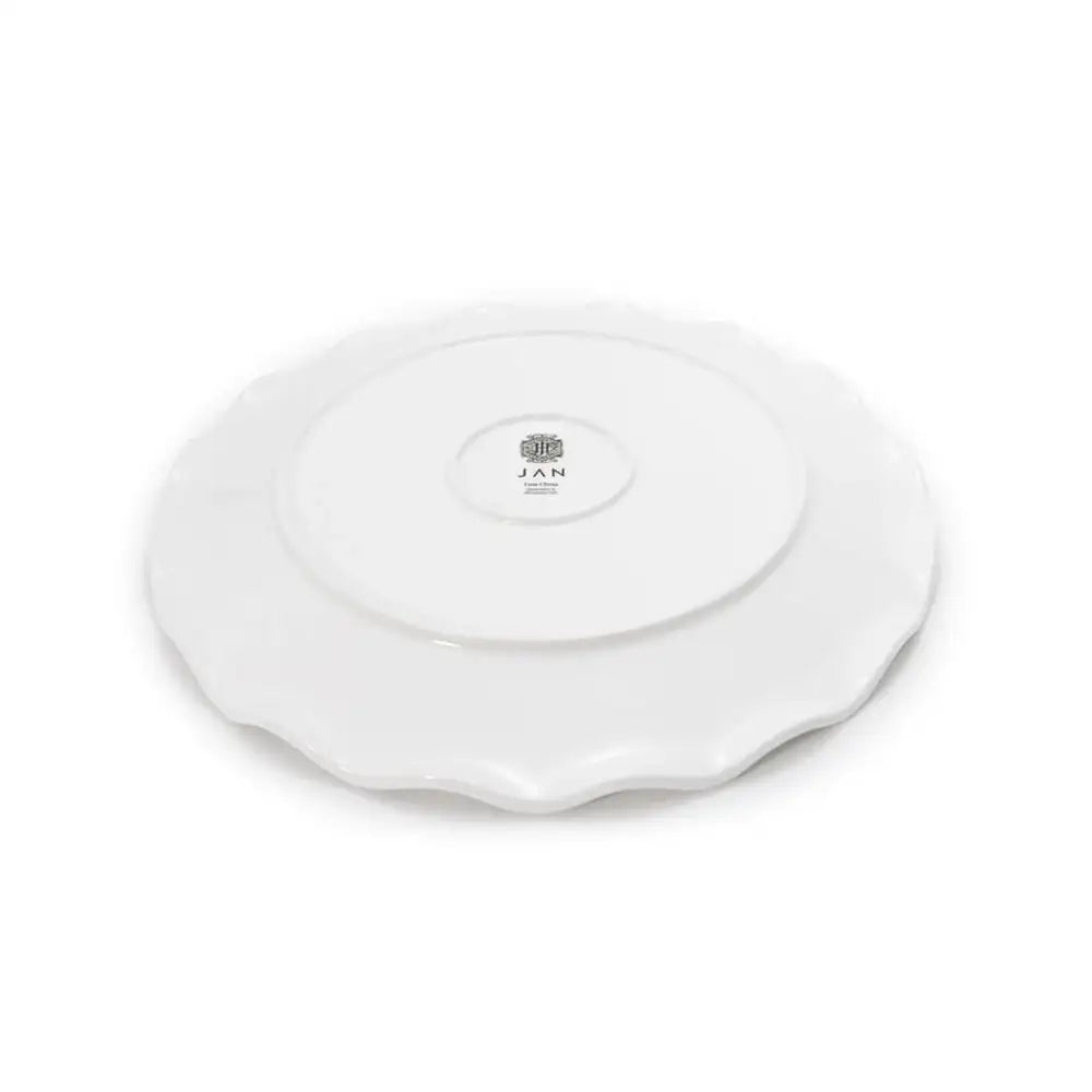 White upside down dinner plate with 'JAN' branding on a white background