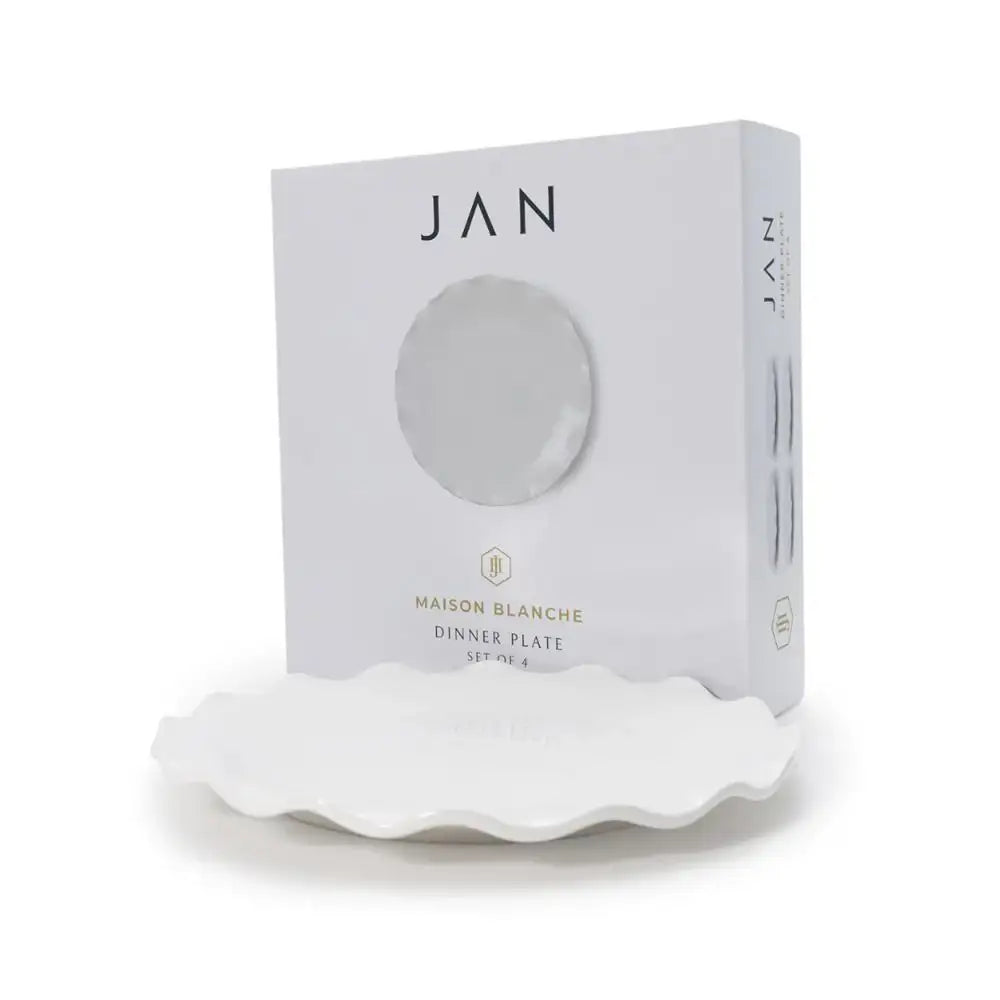 White dinner plate with packaging labeled 'MAISON BLANCHE' and 'JAN' on a white background