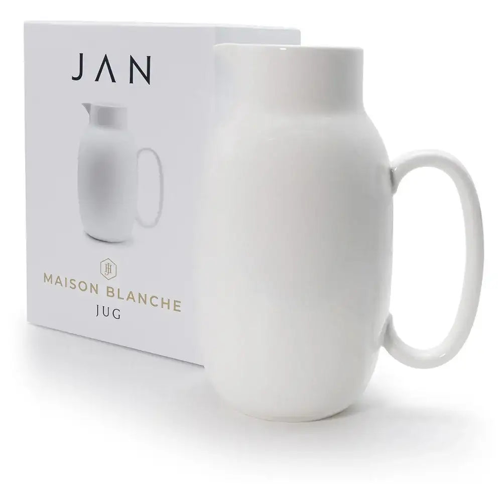 White ceramic jug with 'Maison Blanche' branding and packaging on a white background