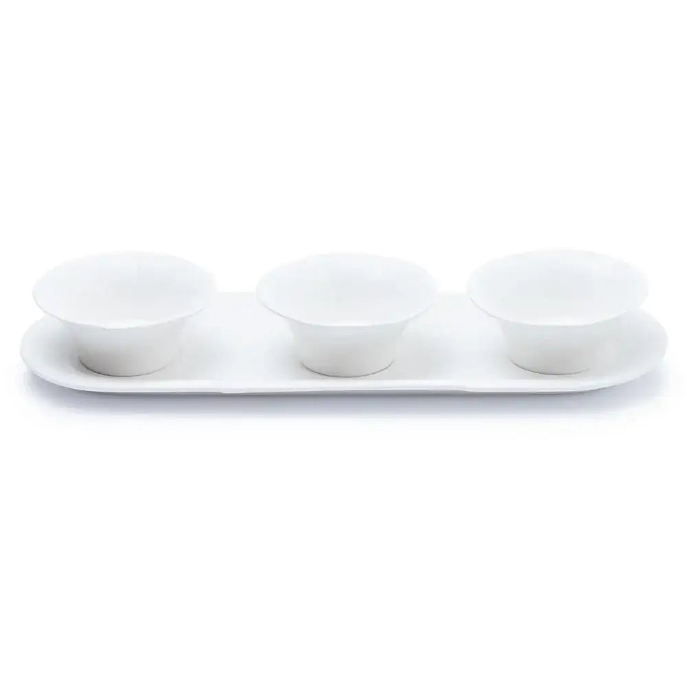 Set of three white ceramic bowls on a matching tray against a white background