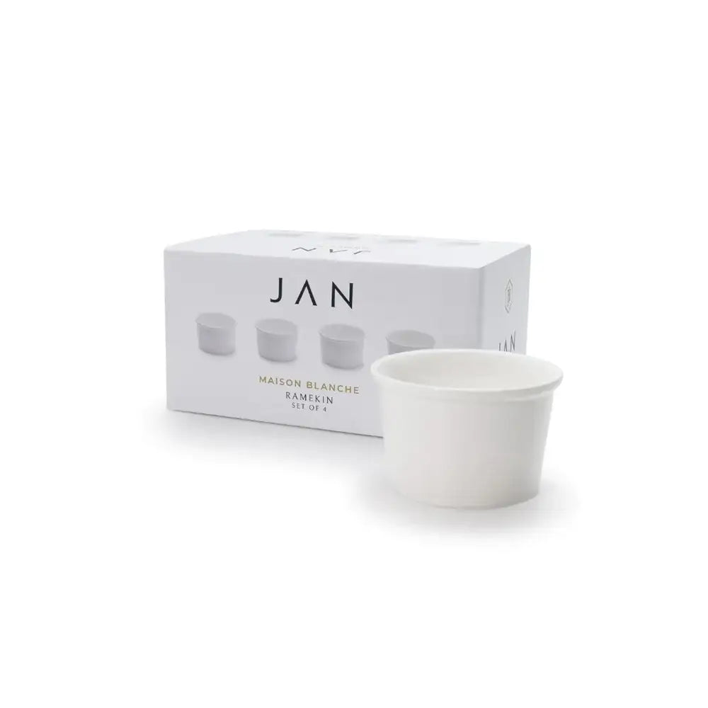 White ramekin with packaging displaying 'JAN' on a white background