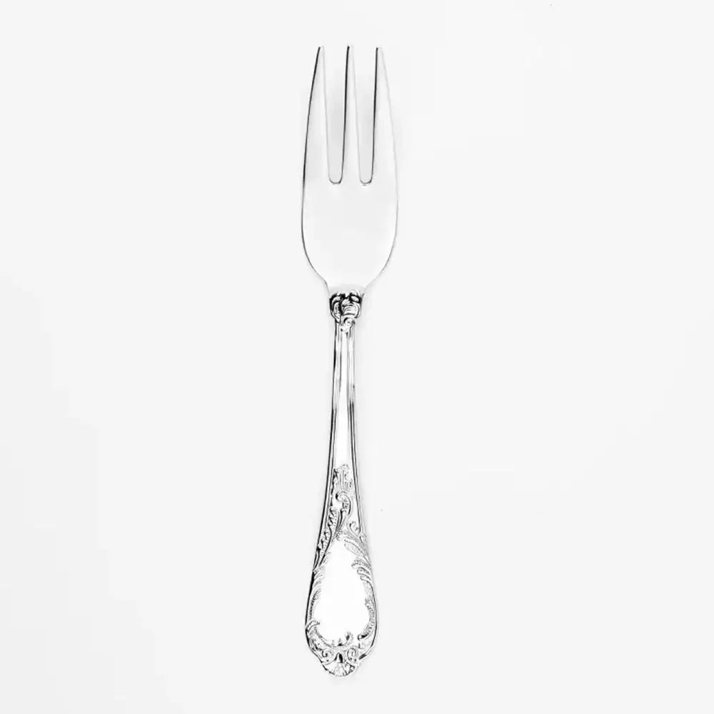 Silver decorative fork on a white background