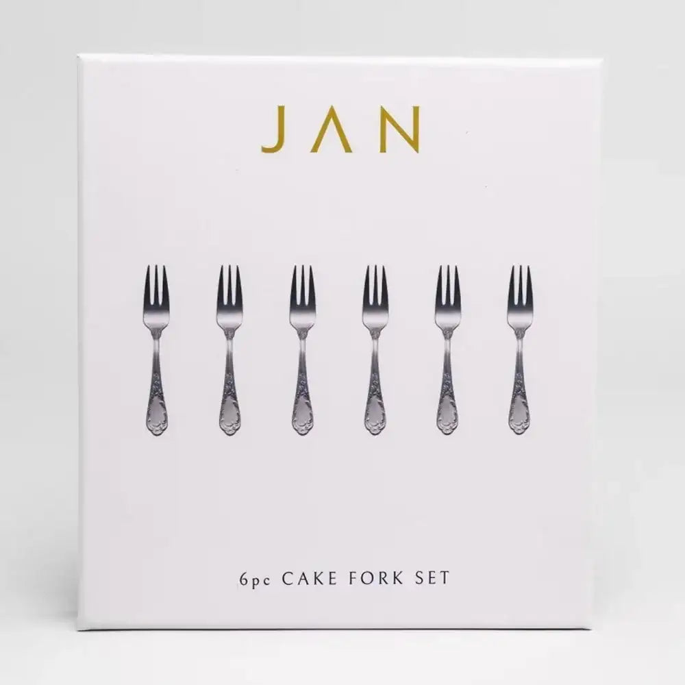 Packaging of a 6-piece cake fork set with 'JAN' branding on a white background.