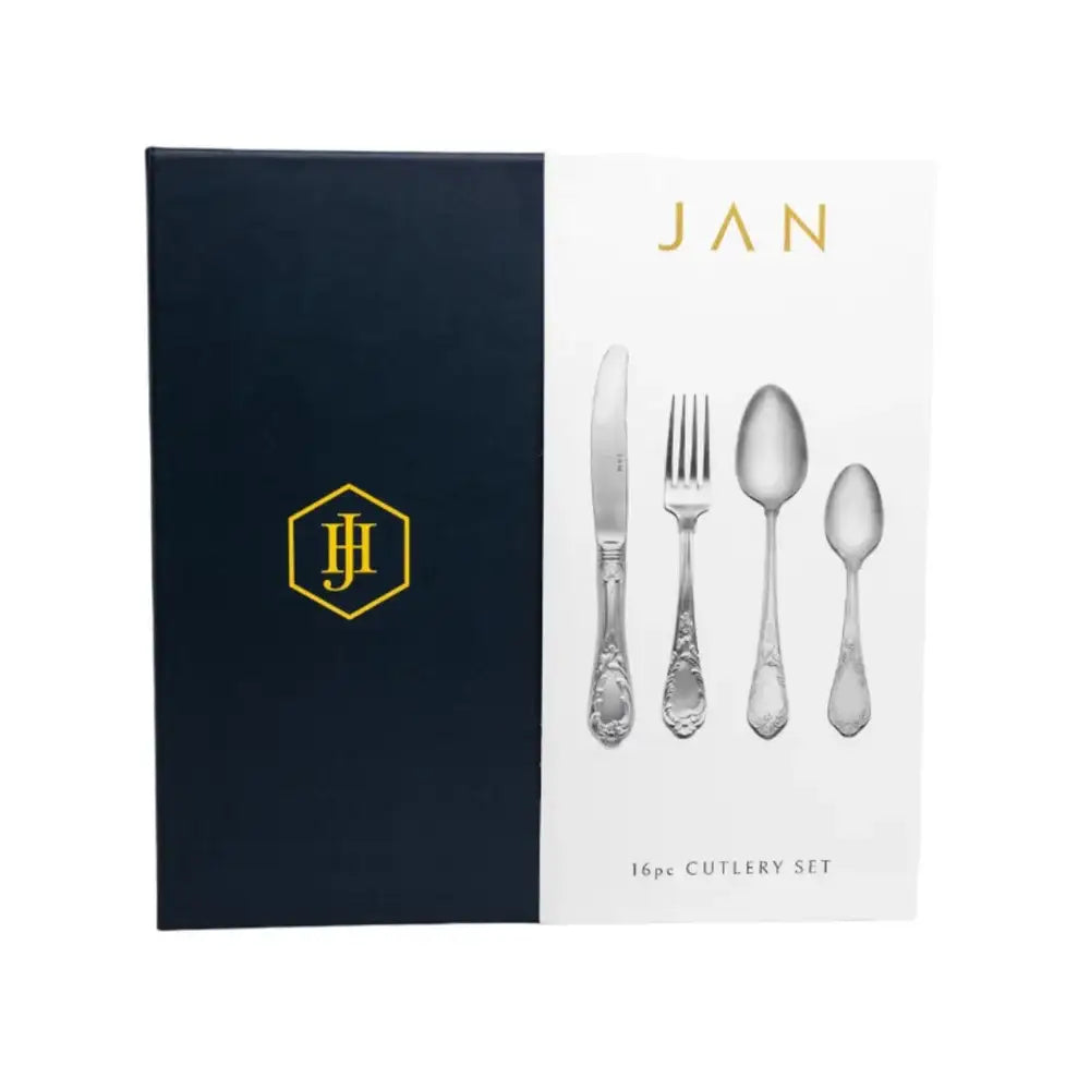Packaging of a cutlery set with 'JAN' branding on a white background