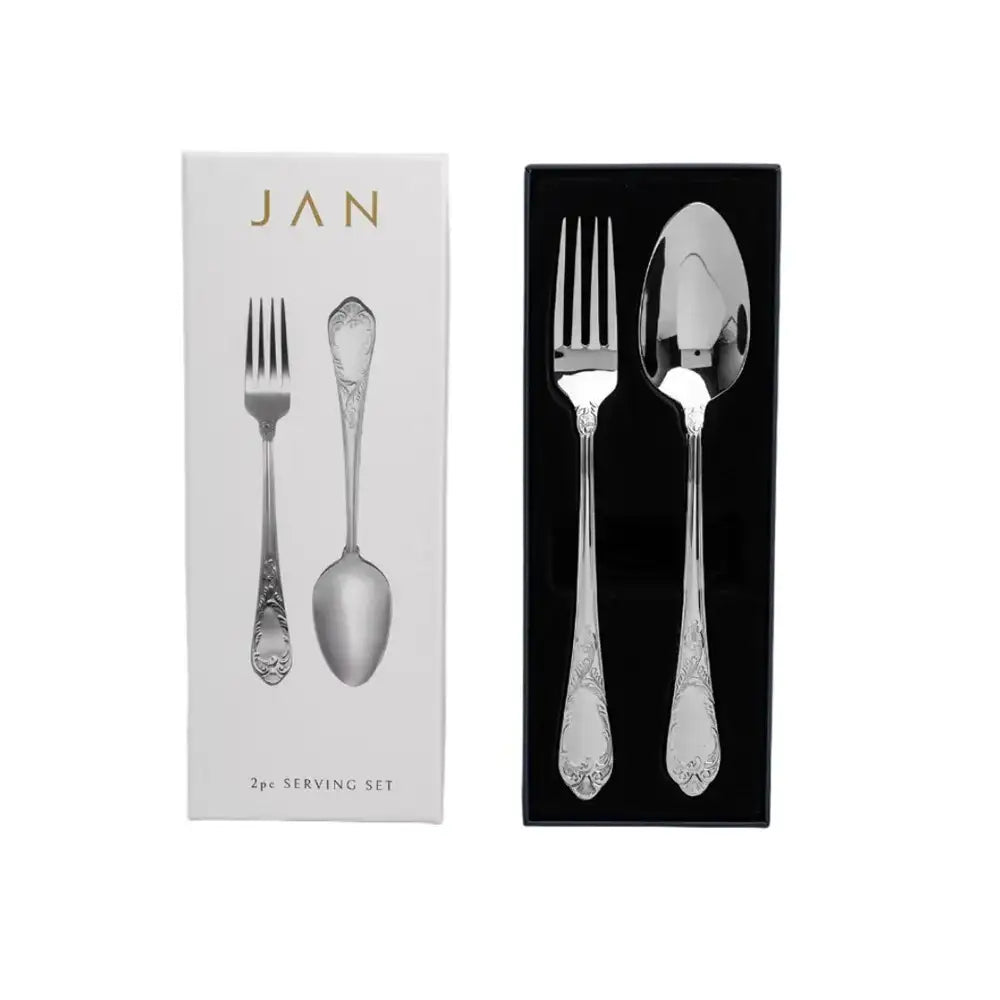 Silver cutlery set with packaging labeled 'JAN' on a white background