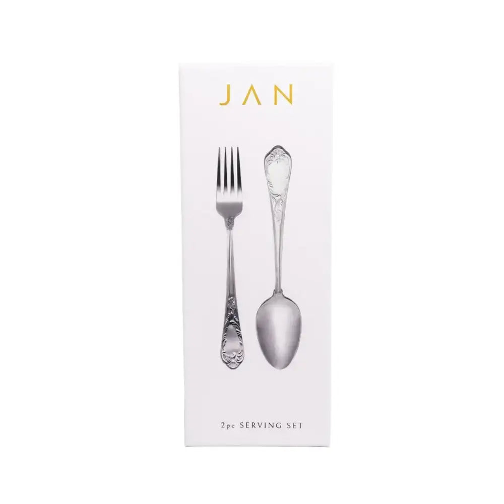 Packaging of a 2-piece serving set with fork and spoon on a white background, featuring the brand 'JAN'.