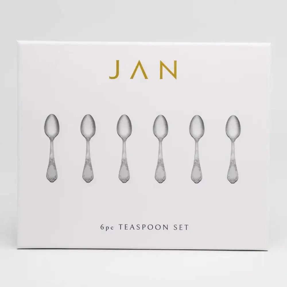 Packaging of a 6-piece teaspoon set with 'JAN' branding on a white background