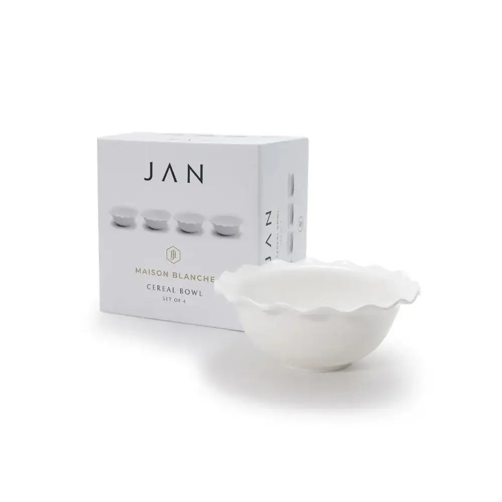 White cereal bowl with packaging displaying 'JAN' on a white background