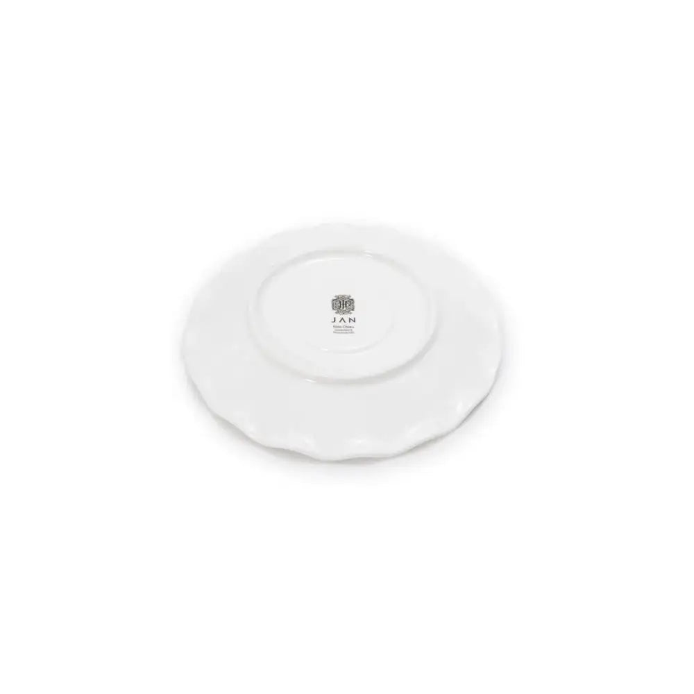White ceramic plate with a visible brand logo on a white background
