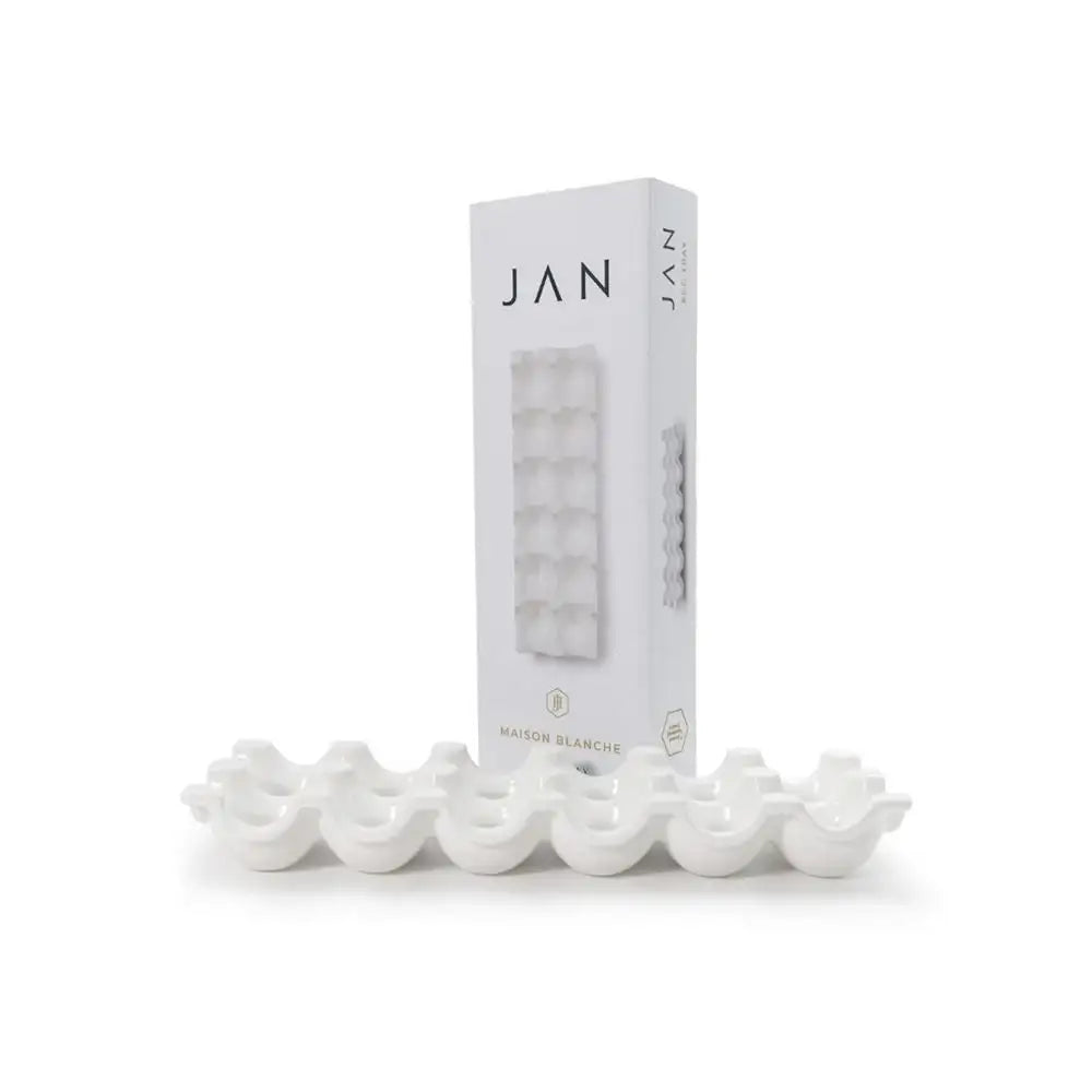 White ceramic egg tray with packaging featuring the brand 'JAN' on a white background