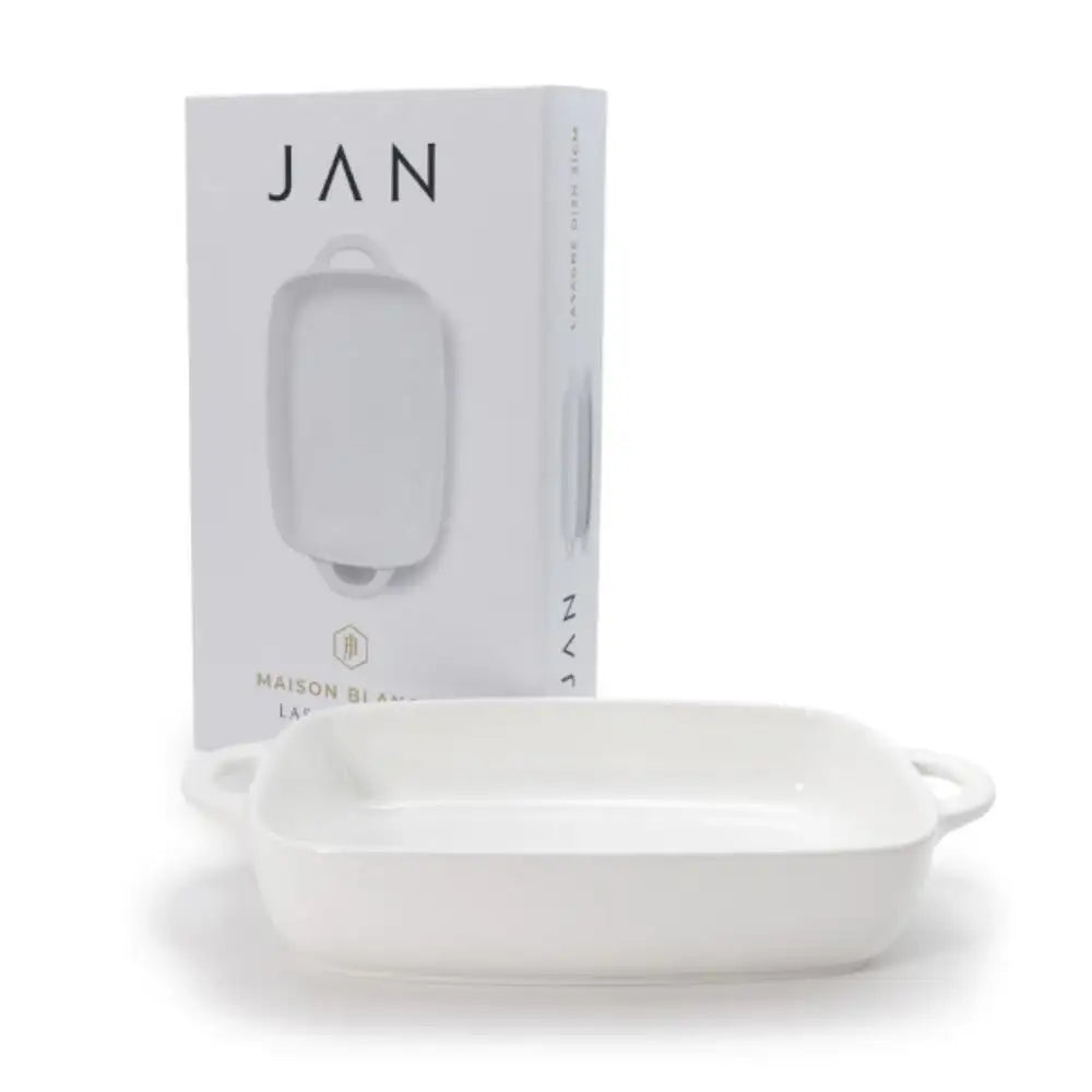 White ceramic baking dish with JAN packaging on a white background