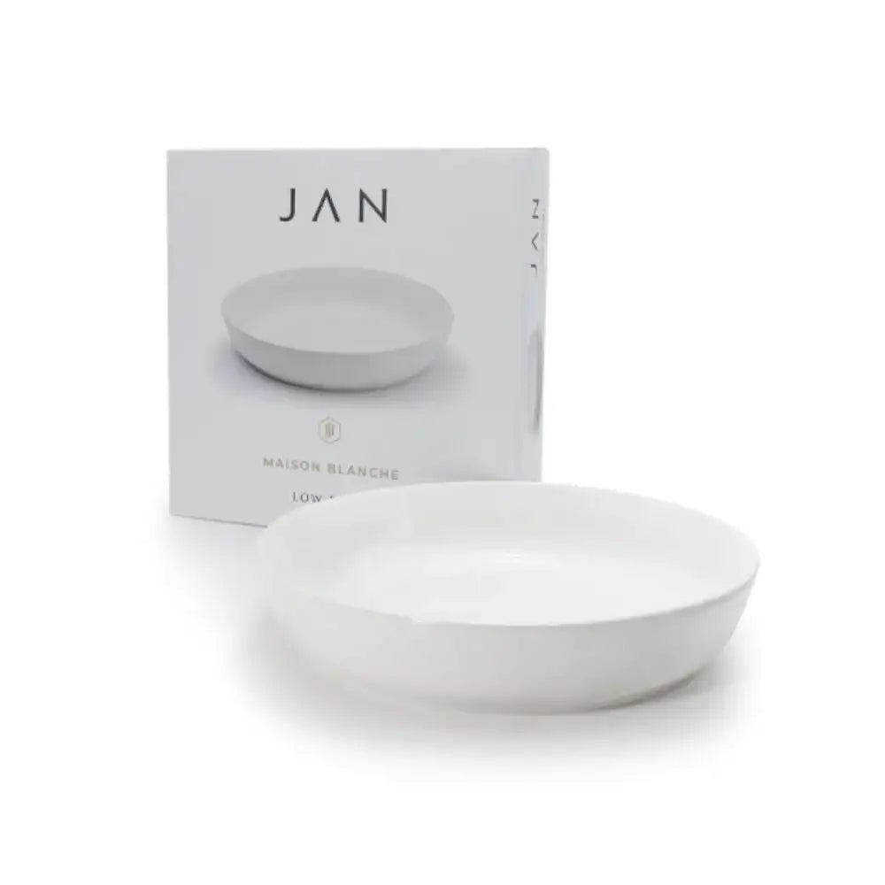 White bowl with packaging displaying 'JAN' on a white background